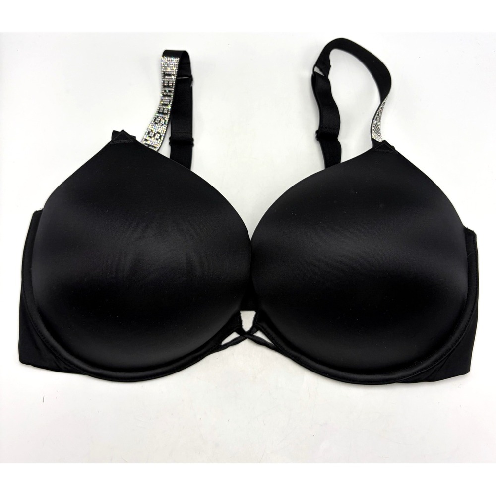 Victorias Secret Bombshell Bra 38DD Shine Strap Add-2-Cups Push-Up Black Bling